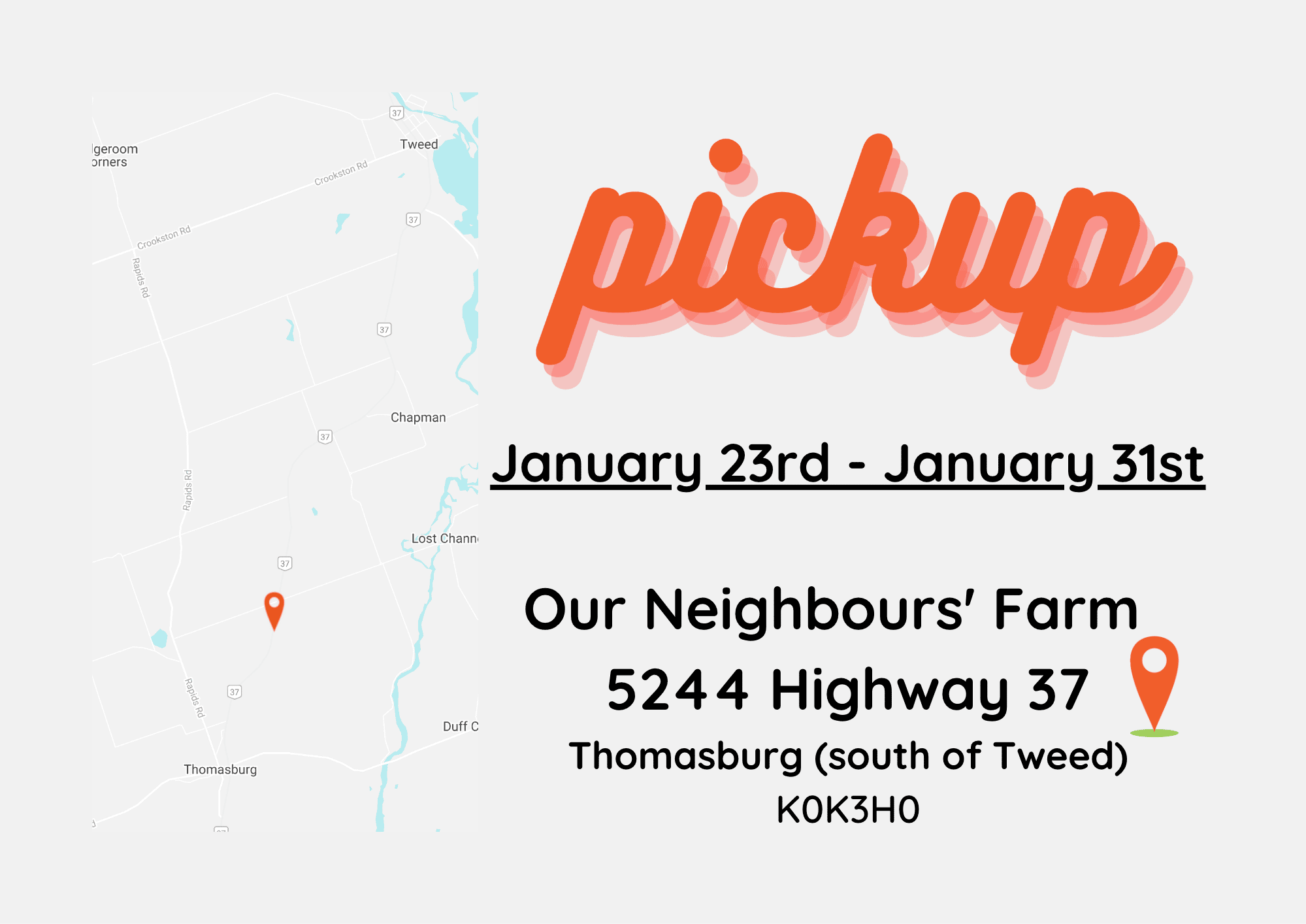 Pickup dates and location